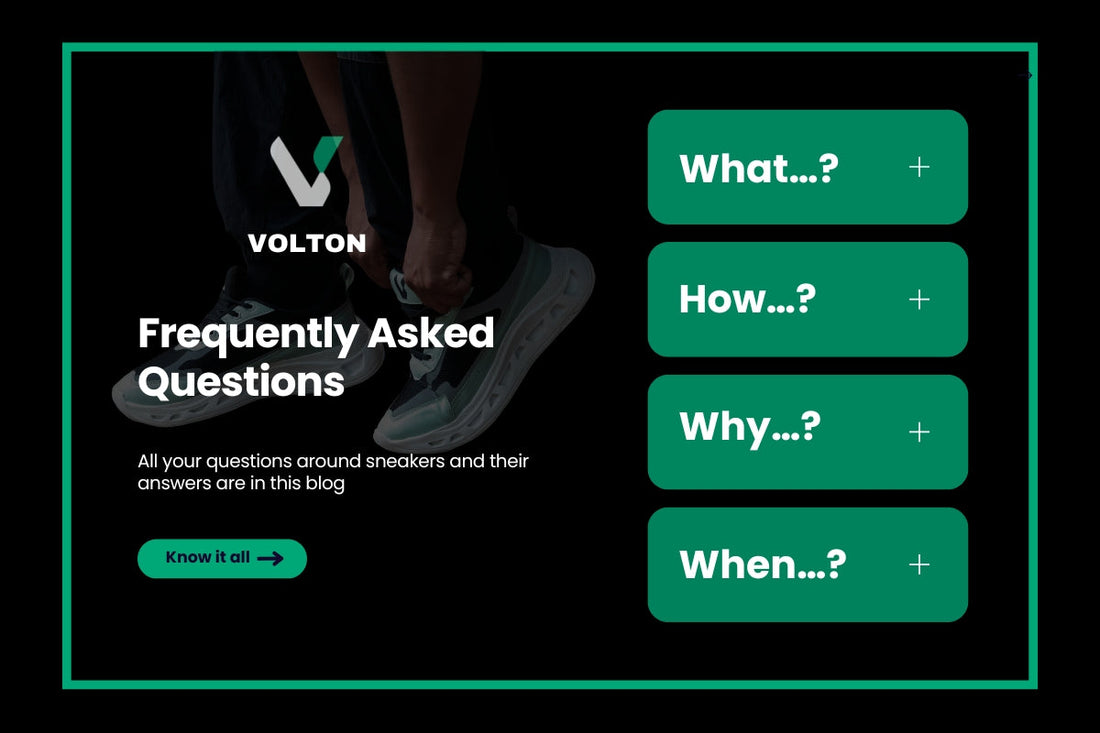 Volton blog graphic for Frequently Asked Questions. A person is tying the laces of a teal and white Volton sneaker, next to boxes labeled "What...?", "How...?", "Why...?", and "When...?"