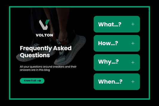 Volton blog graphic for Frequently Asked Questions. A person is tying the laces of a teal and white Volton sneaker, next to boxes labeled "What...?", "How...?", "Why...?", and "When...?"