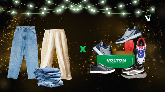 Flat lay of jeans, beige trousers, and four pairs of Volton sneakers demonstrating clothing and shoe coordination.
