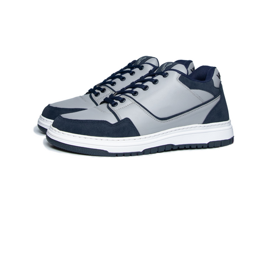 Navy and gray sneakers on a white background
