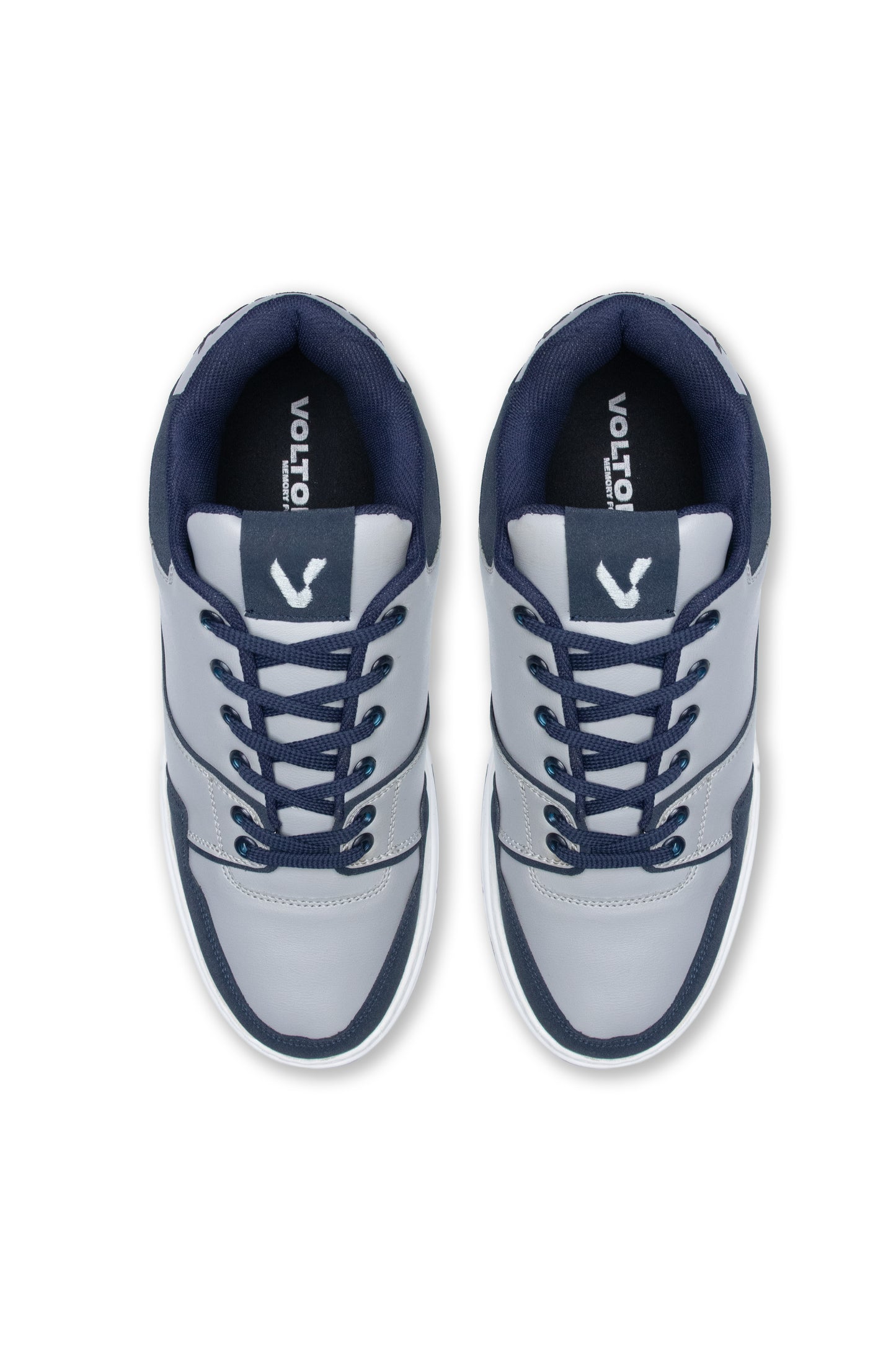 Pair of gray sneakers with navy accents on a white background