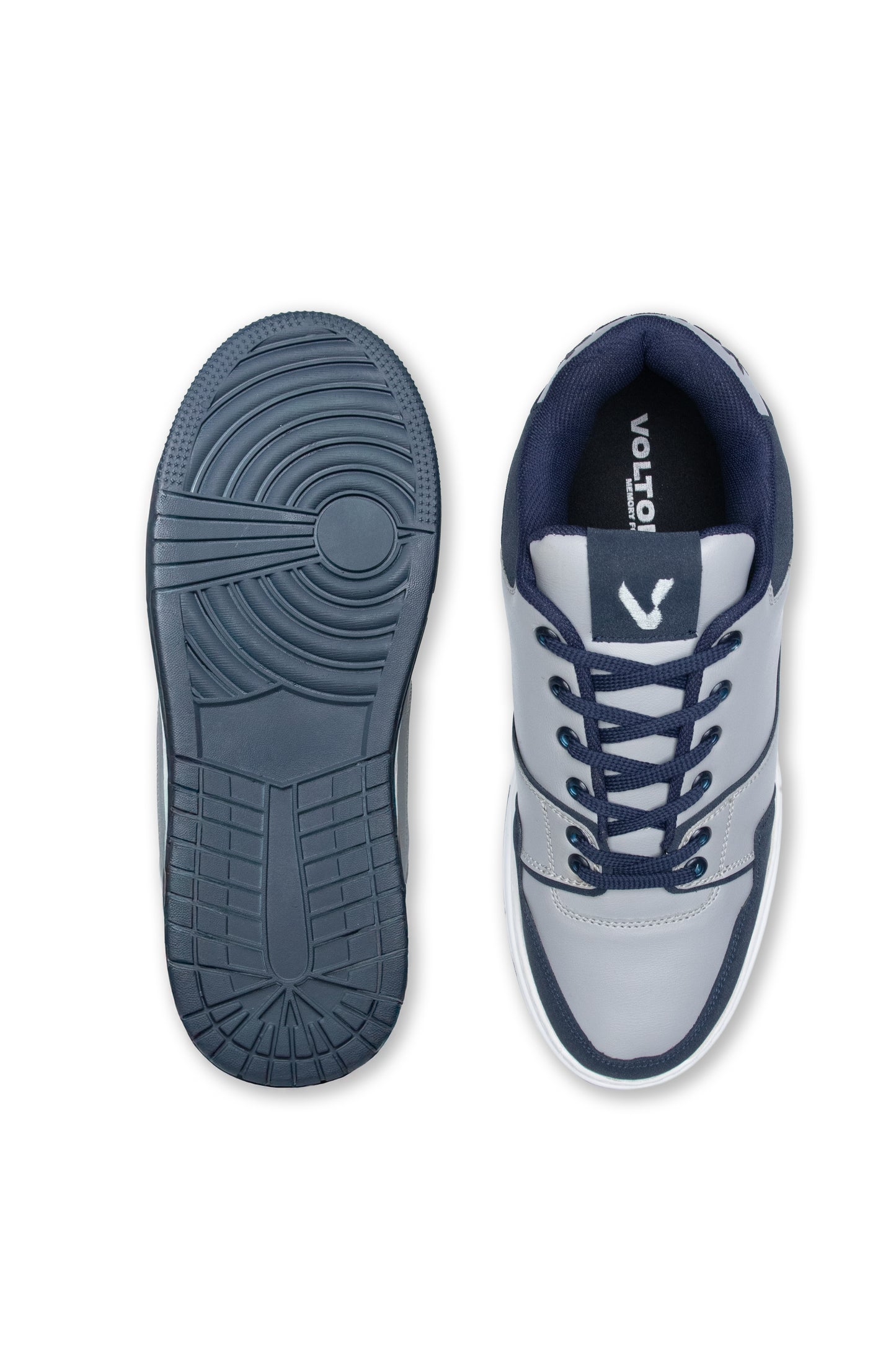 Gray and navy blue sneaker with brand logo on a white background