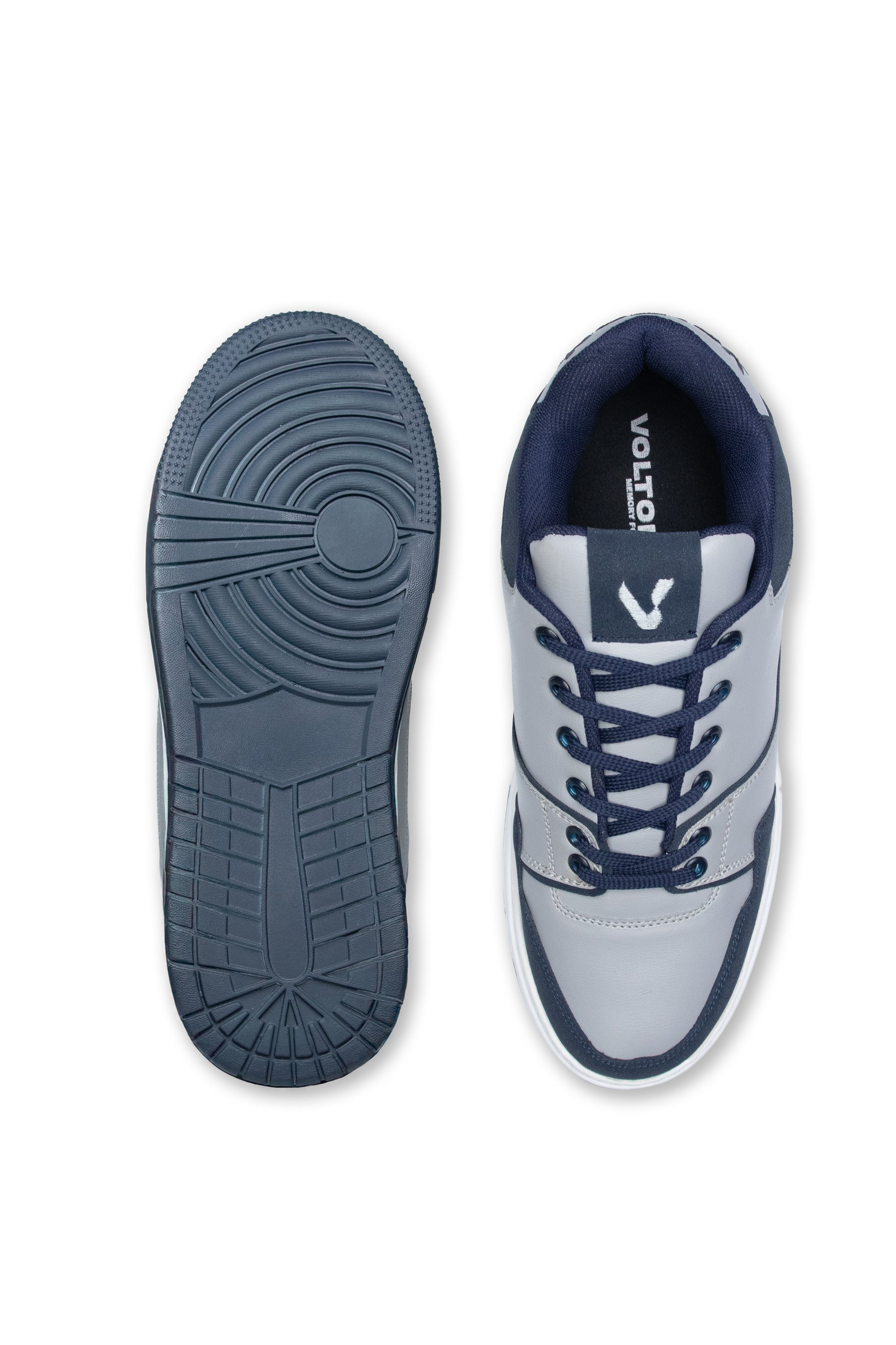Gray and navy blue sneaker with brand logo on a white background
