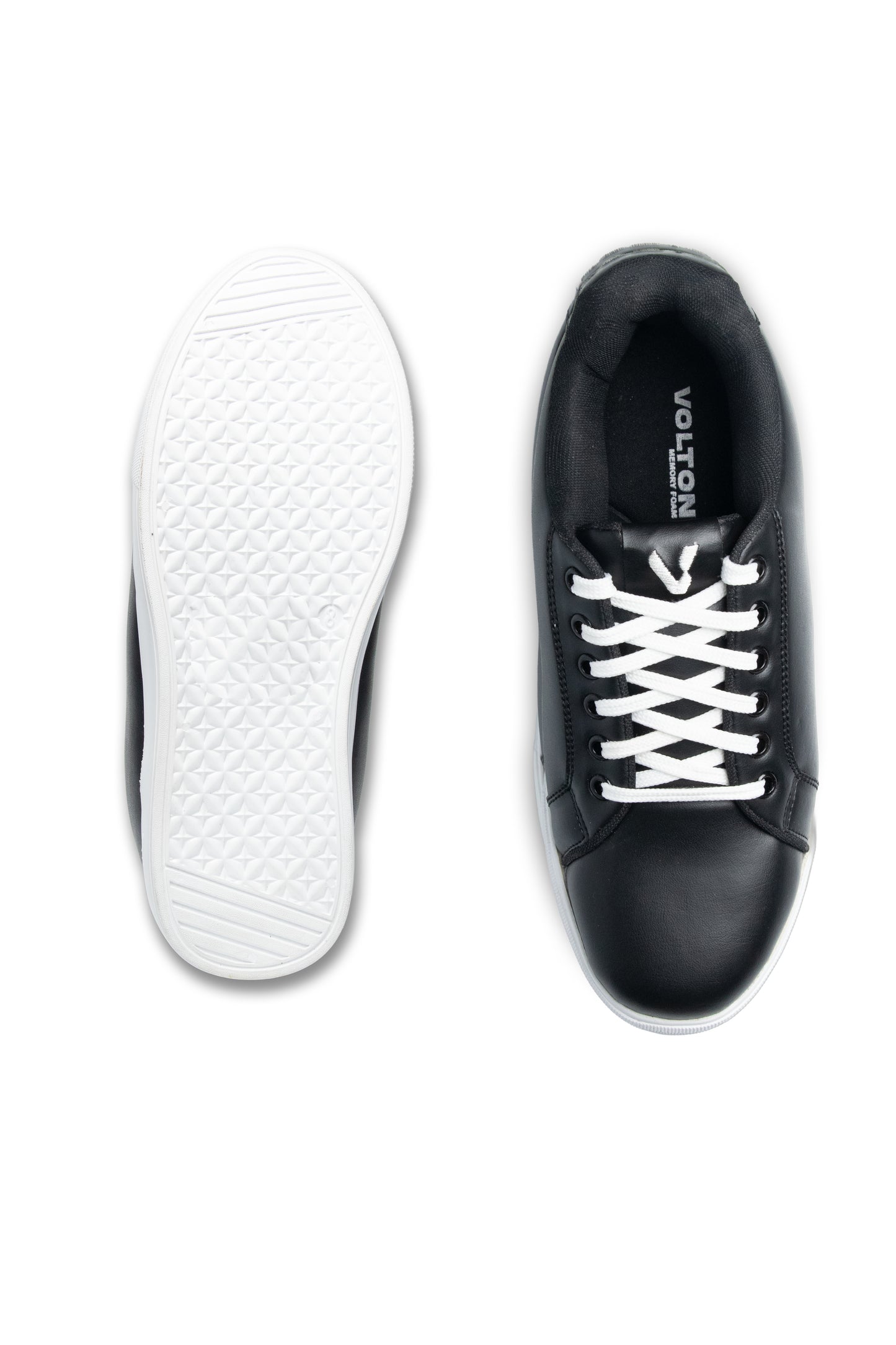 Black sneaker with white laces on a white background