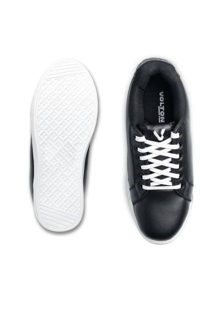 Black sneaker with white laces on a white background