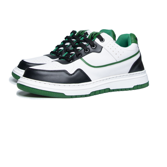 White sneakers with black and green accents on a white background
