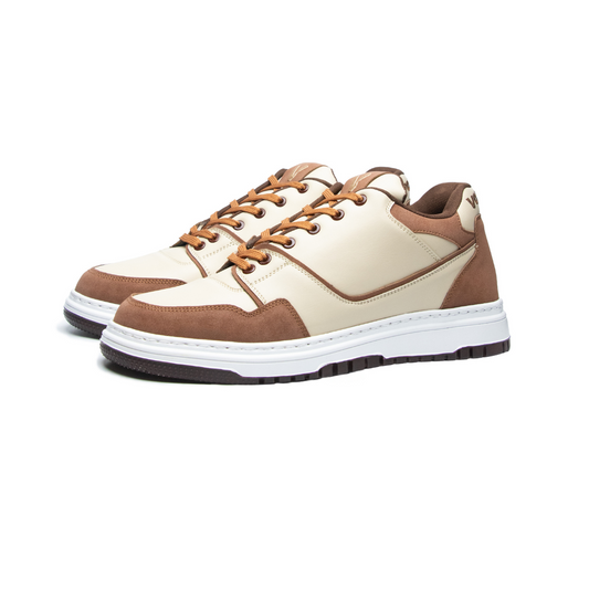 Brown and beige sneakers with white soles on a white background
