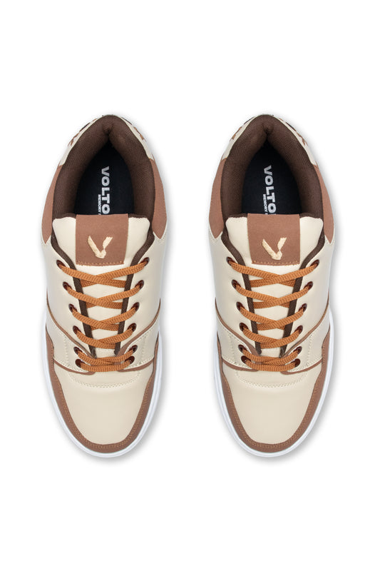 Pair of cream and brown sneakers with visible Volio branding on a white background