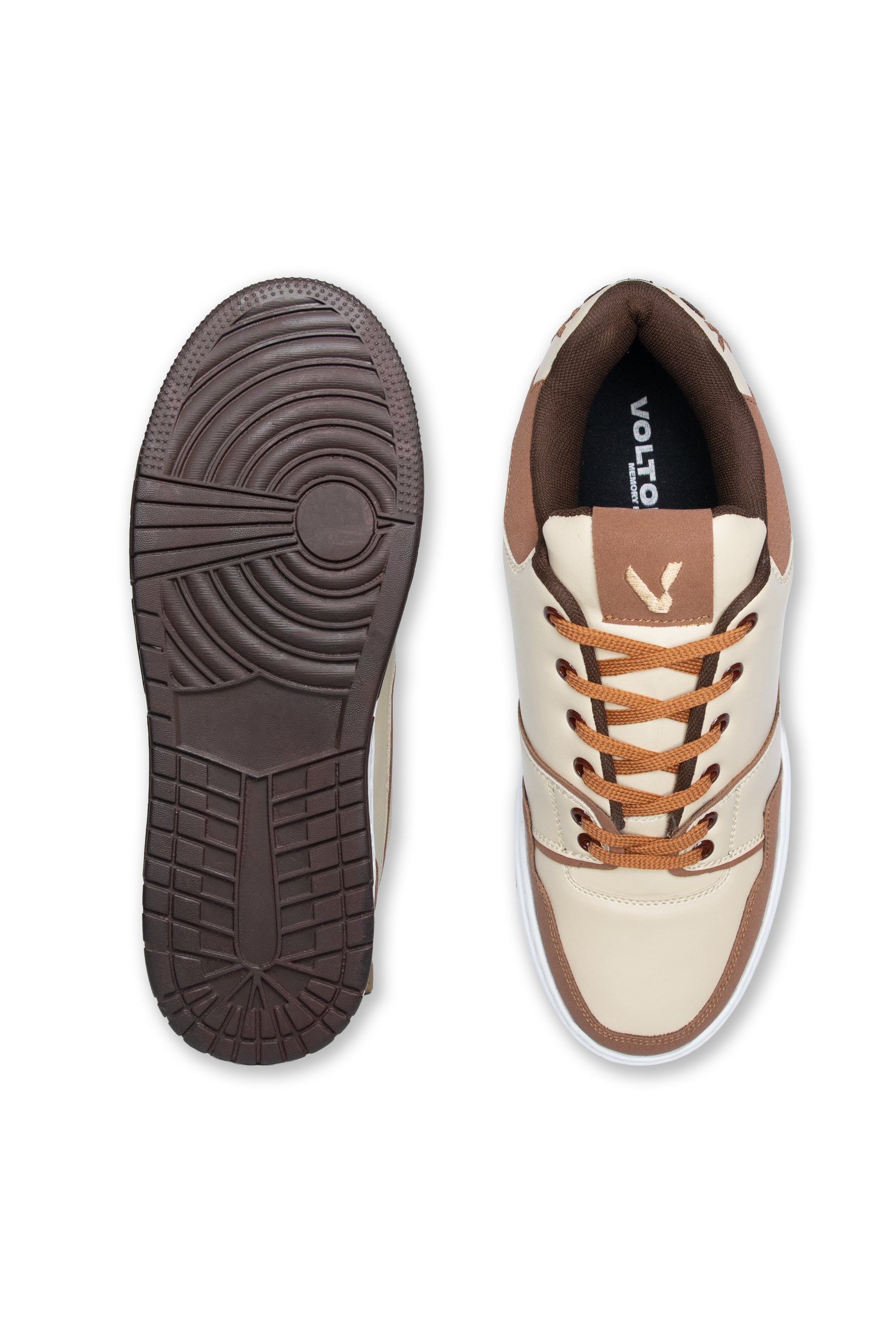 White sneaker with brown accents and sole on a white background