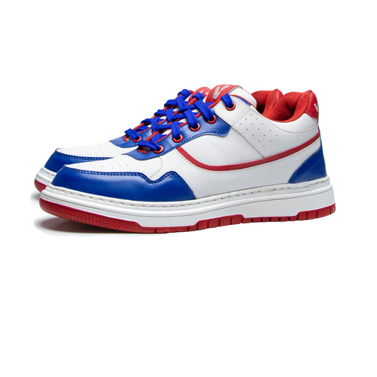 White sneaker with blue and red accents on a white background