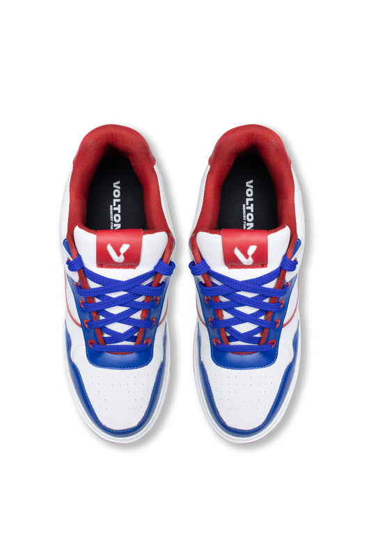 White sneakers with red and blue accents on a white background