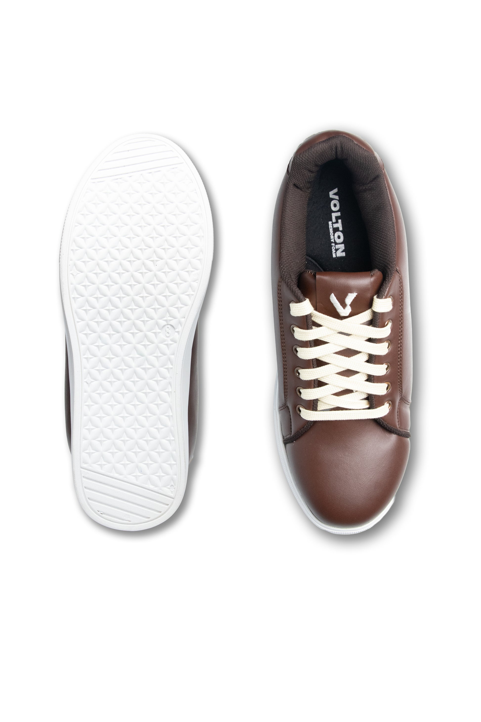 Brown leather shoe with white laces and sole on a white background