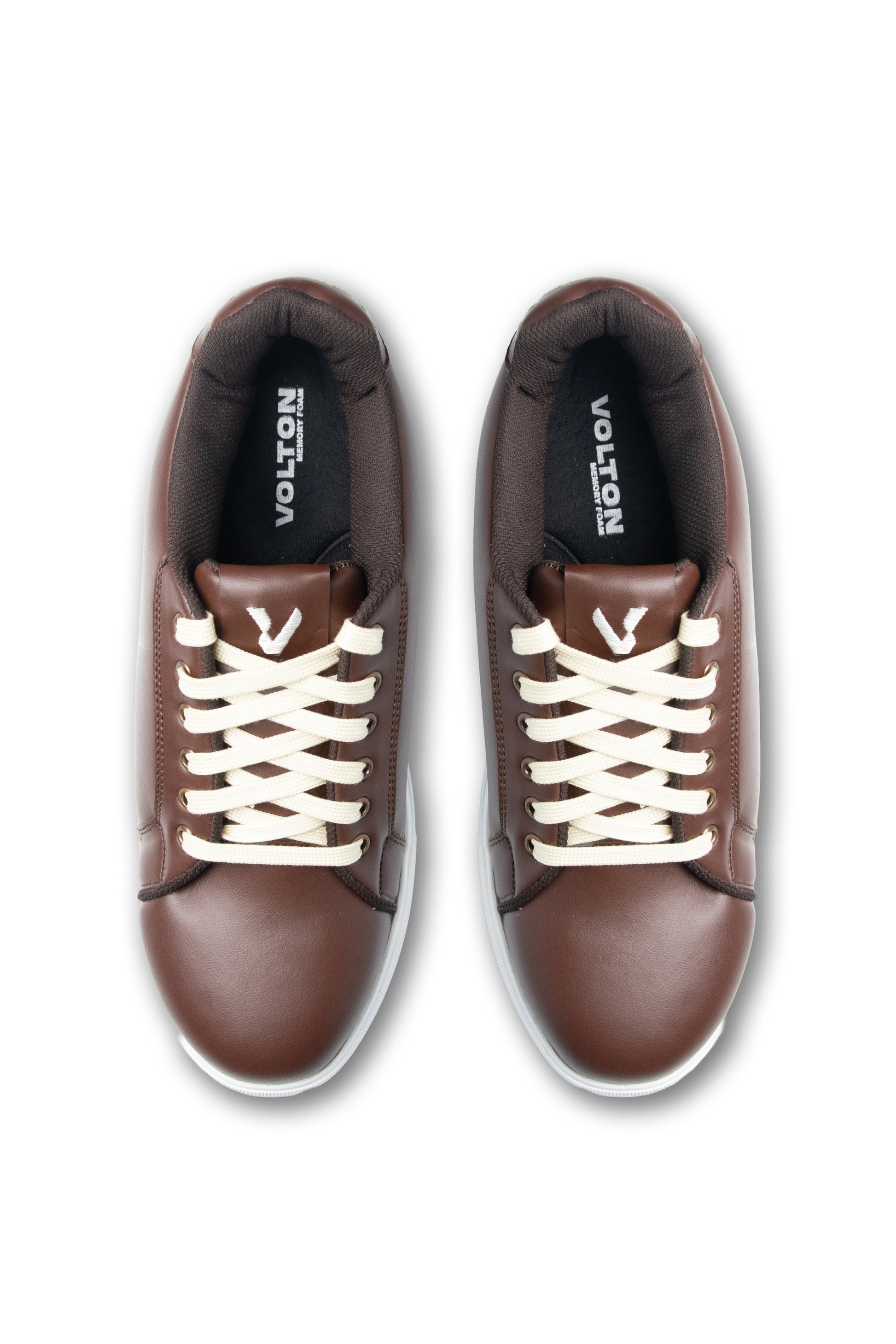 Brown sneakers with white laces on a white background