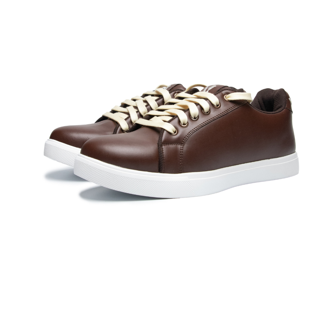 Brown leather sneakers with white laces on a white background