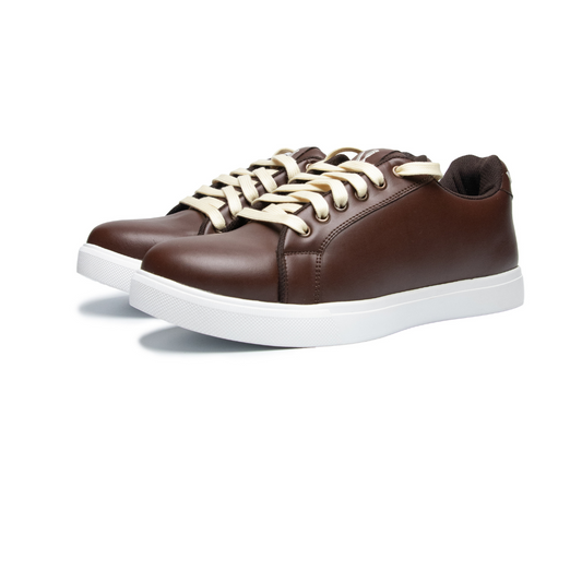 Brown leather sneakers with white laces on a white background